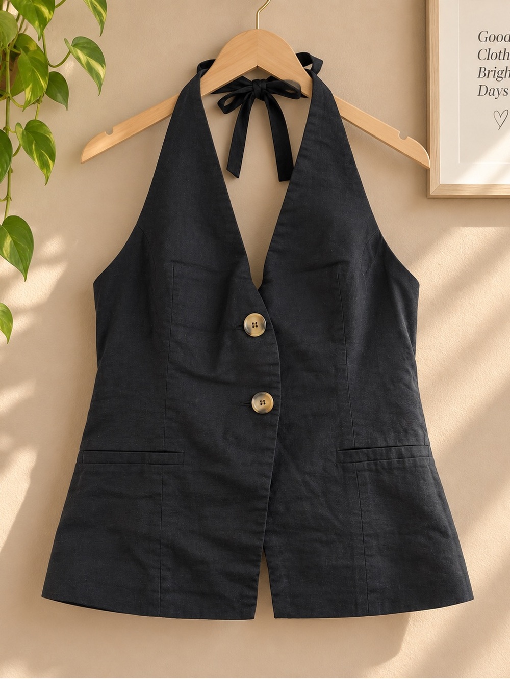 American Threads Black Halter Button-Front Vest Top